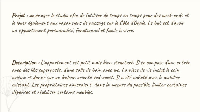 aménagement d'un studio au Touquet description du projet