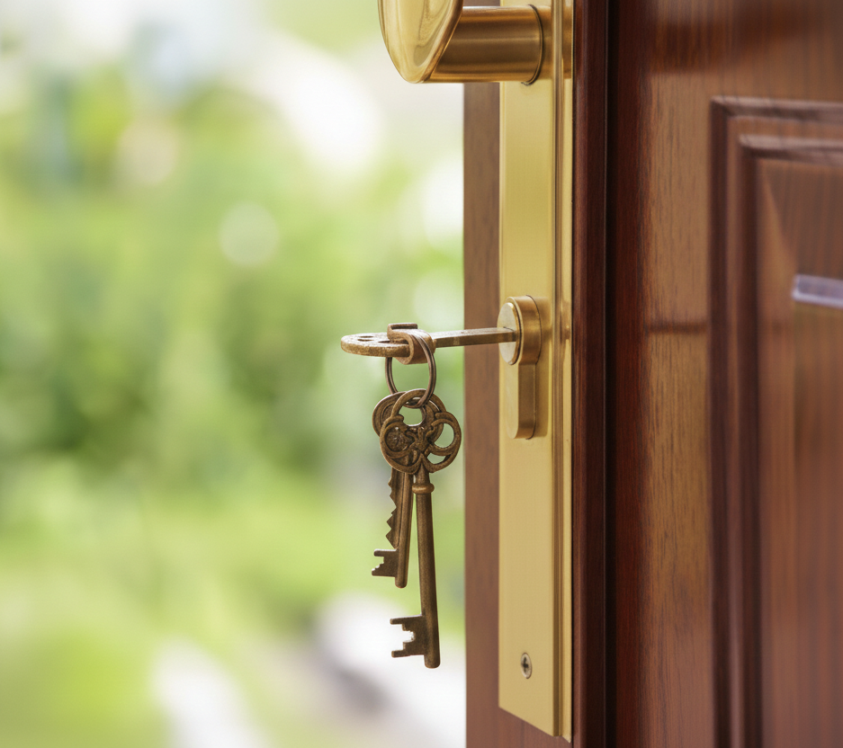 image illustrant un déménagement avec une clé dans la serrure d'une porte